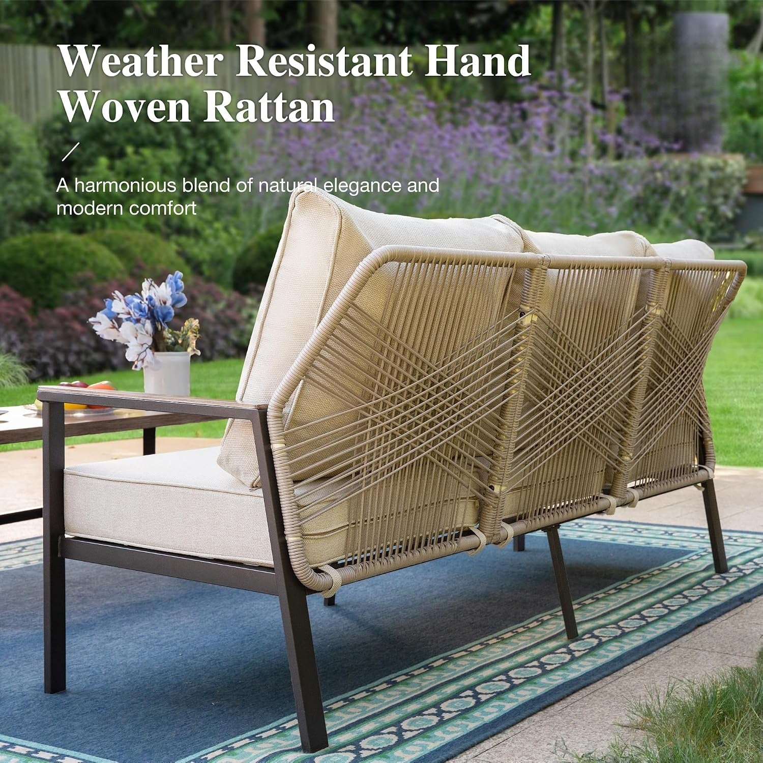 Beige Rattan High Back Patio Sofa Set