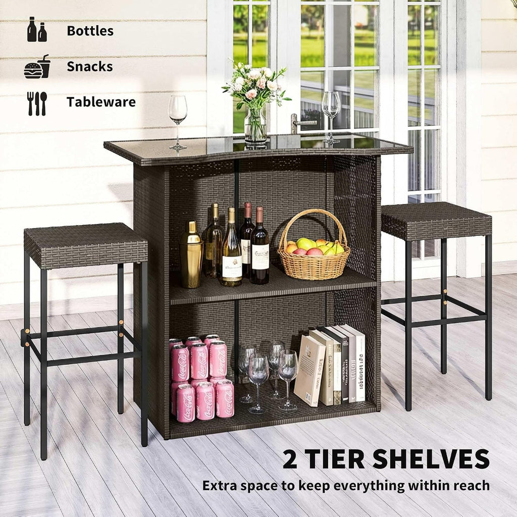 Dark Brown Rattan Glass Patio Bar Set Dark