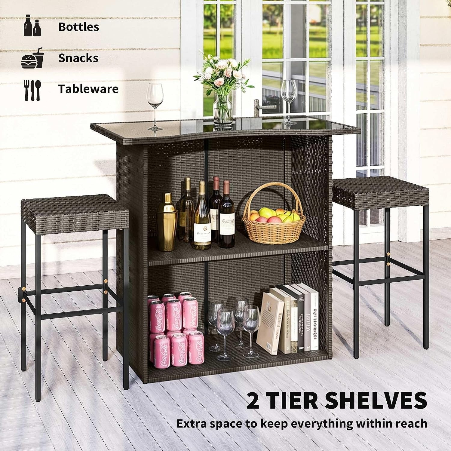 Dark Brown Rattan Glass Patio Bar Set Dark