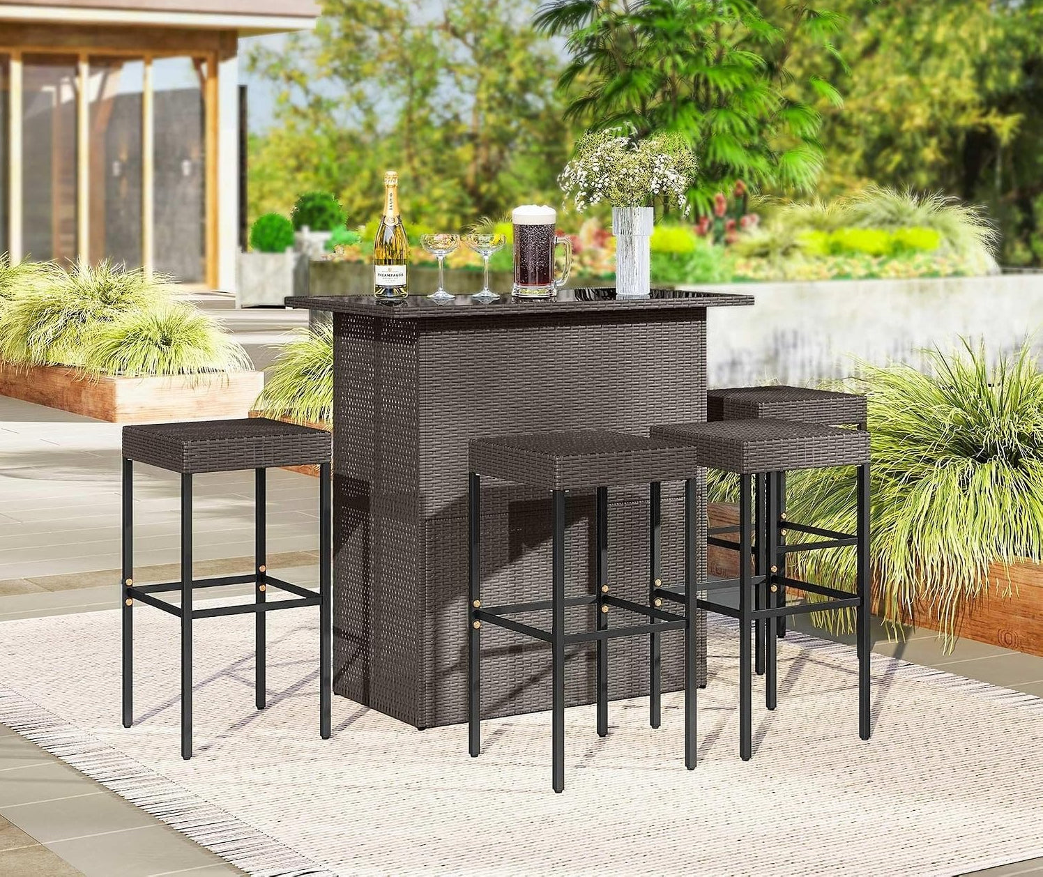 Dark Brown Rattan Glass Patio Bar Set Dark