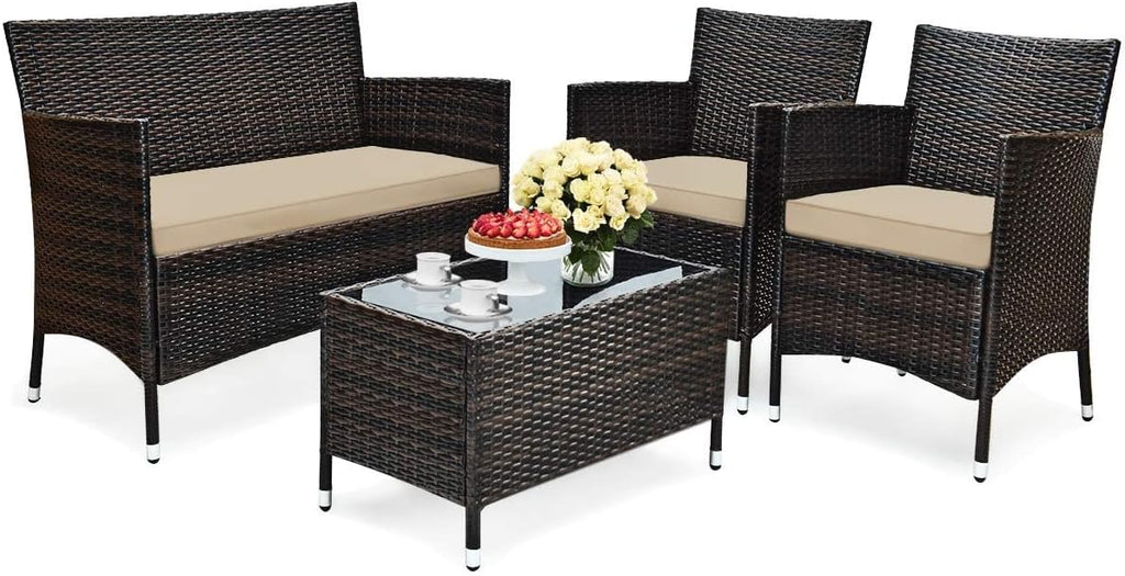 Rattan Cushioned Patio Sofa Table Set