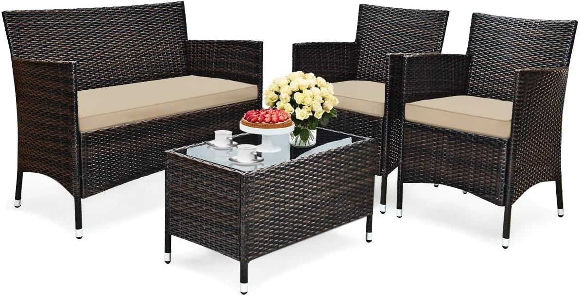 Rattan Cushioned Patio Sofa Table Set