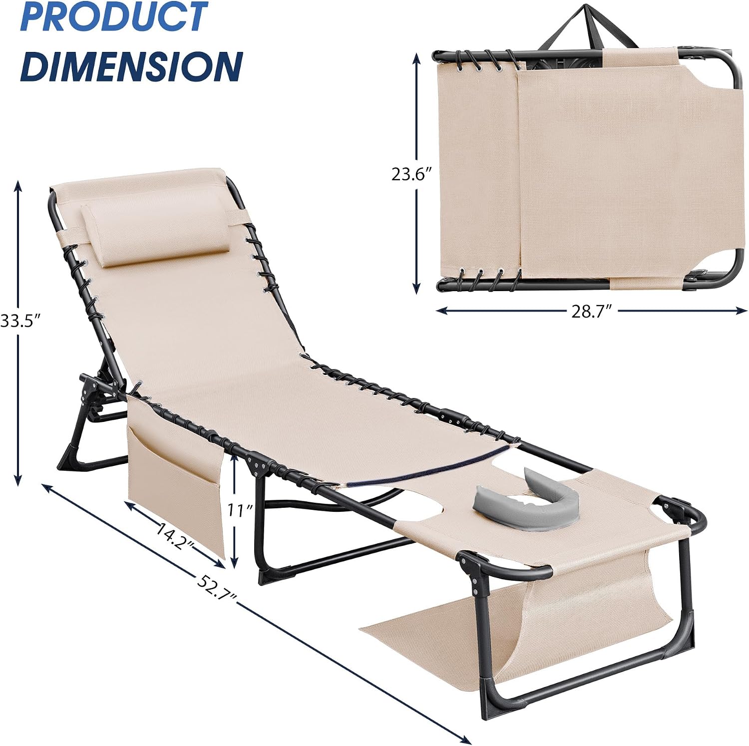 5-Position Adjustable Sunbathing Chaise Lounge Chair Face Holes