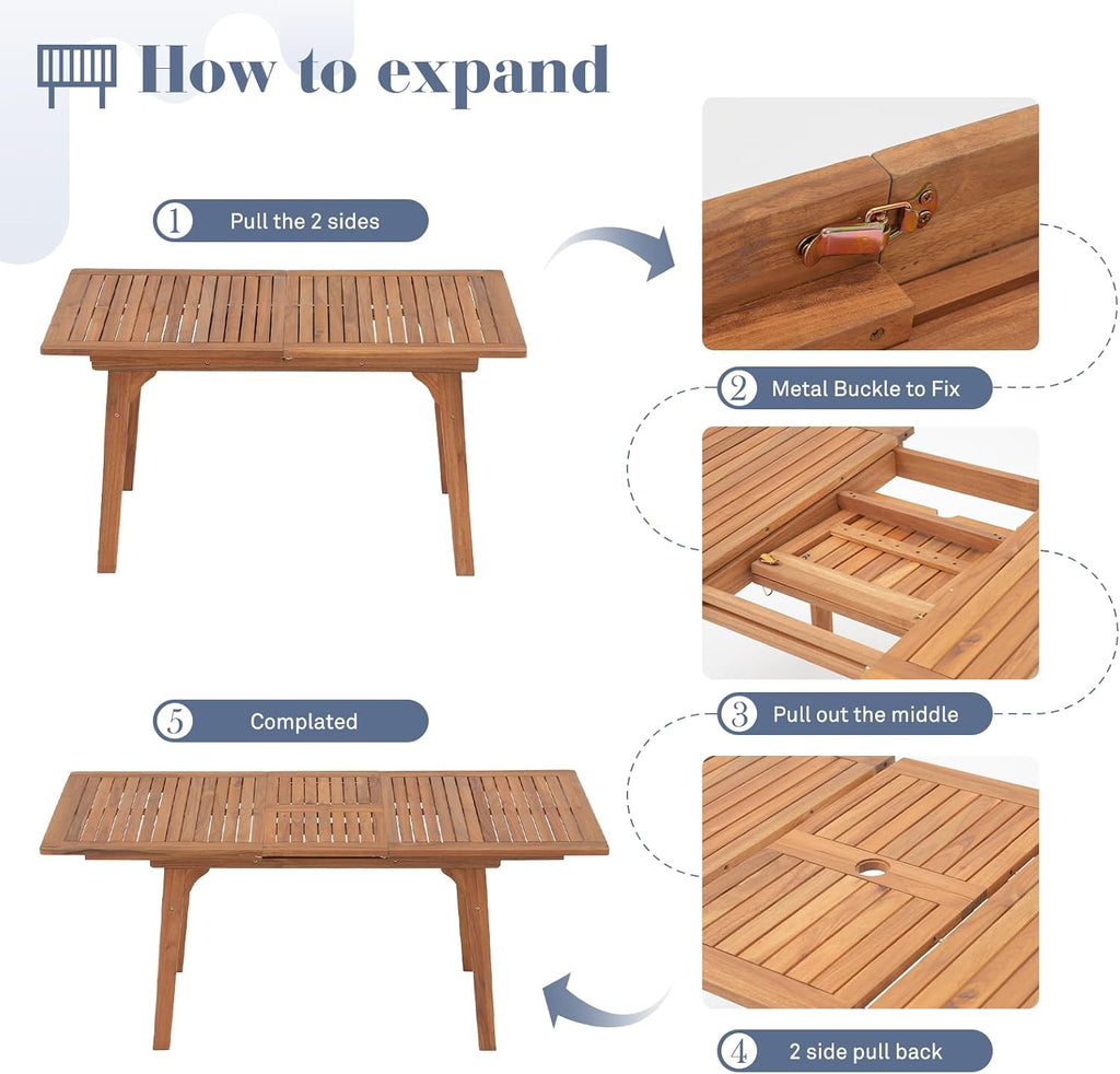 Acacia Expandable Umbrella Hole Patio Dining Table
