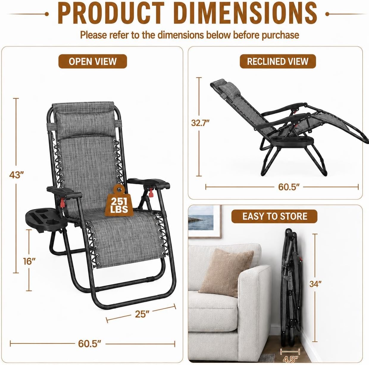 2 Gray Zero Gravity Outdoor Lounge Chairs