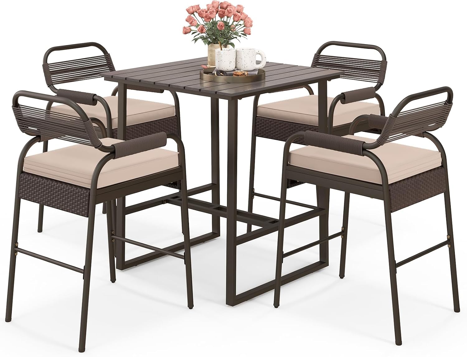 Brown Rattan Counter Height Patio Bar Set