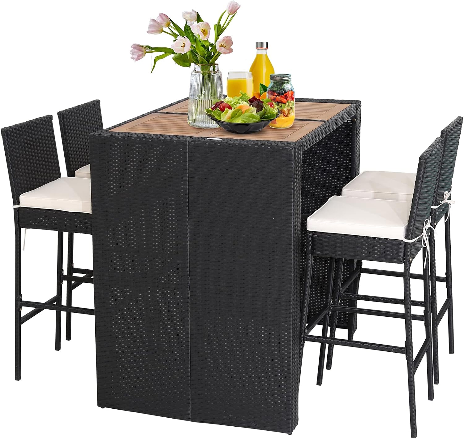 Wood Wicker Patio Bar Table Stool Set