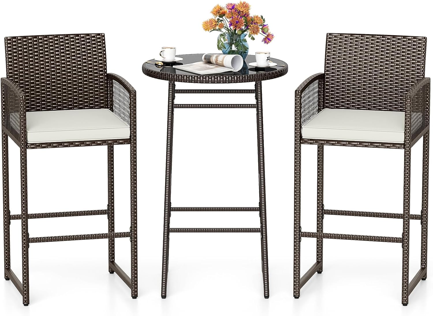 Wicker Glass Cushioned Patio Bar Set
