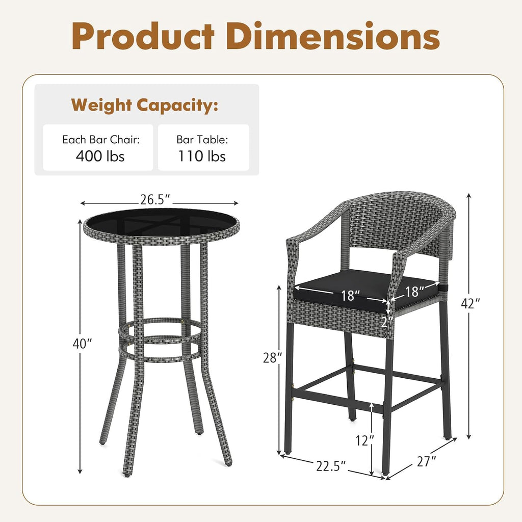 Mix Gray Rattan Glass Patio Bar Set