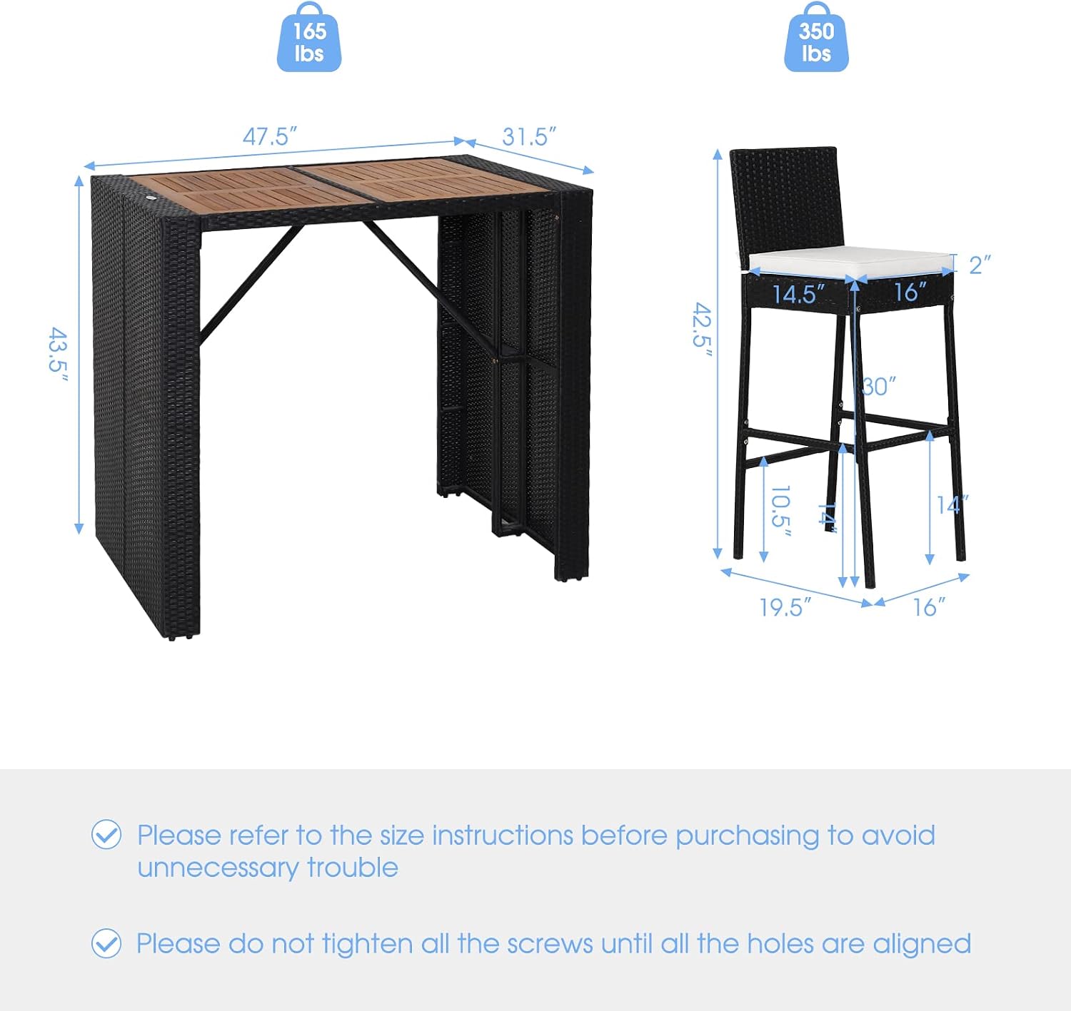 Wood Wicker Patio Bar Table Stool Set