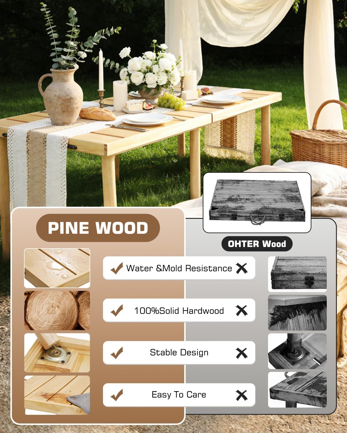 Pine Adjustable Boho Low Folding Picnic Table