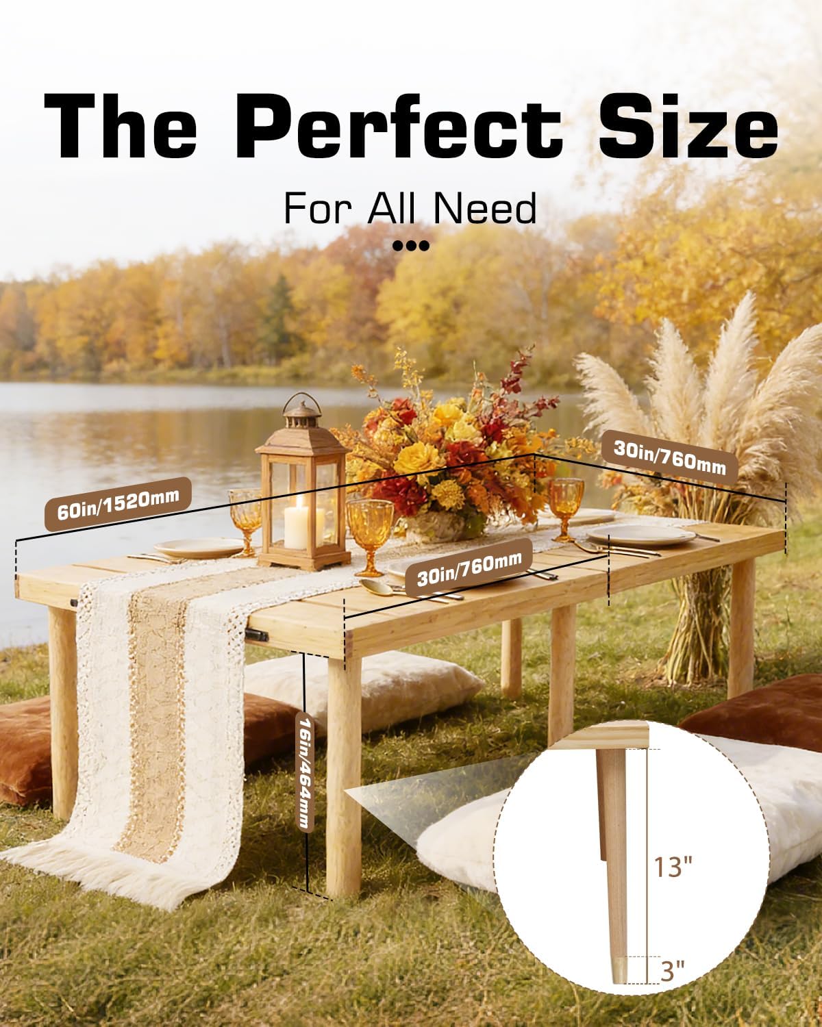 Pine Adjustable Boho Low Folding Picnic Table