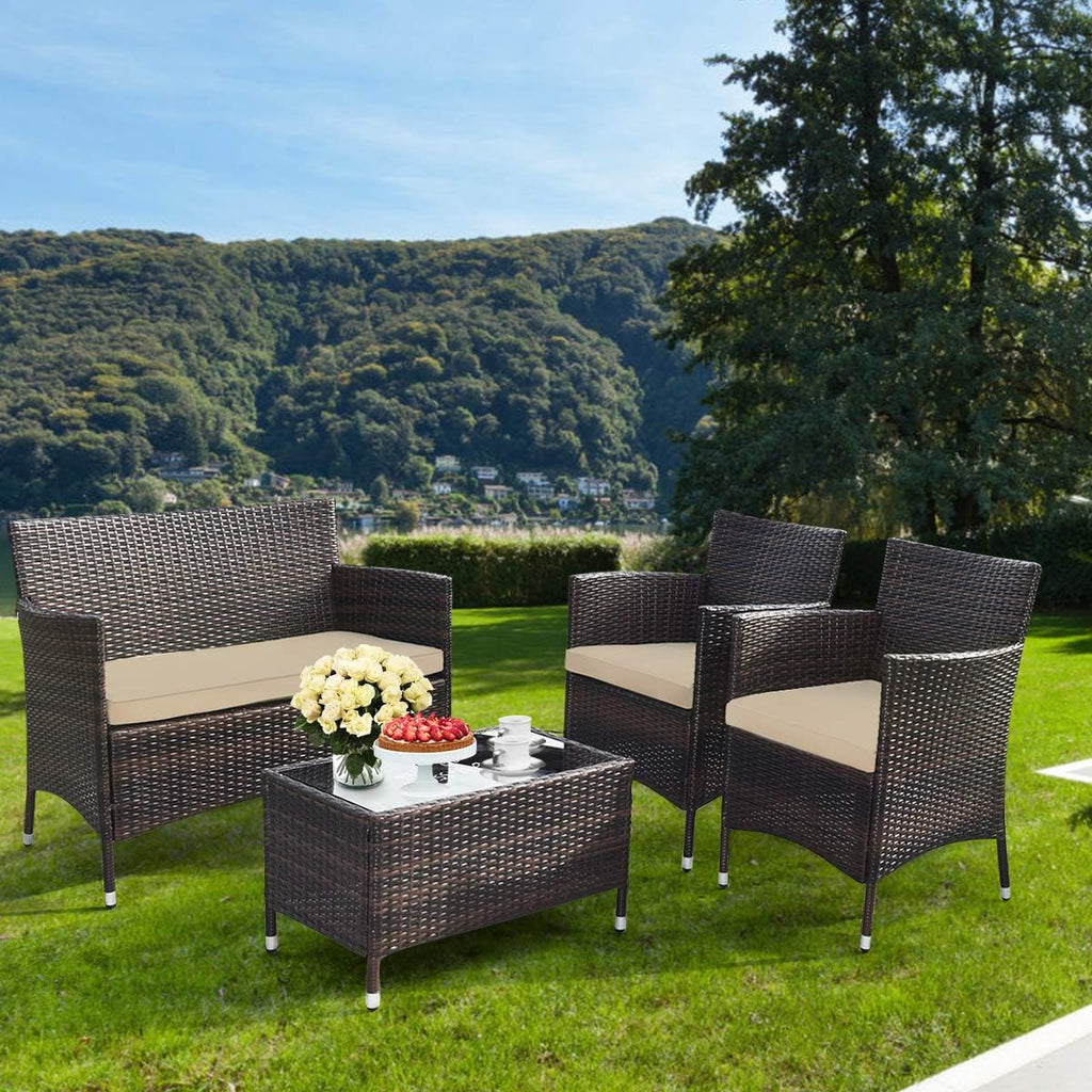 Rattan Cushioned Patio Sofa Table Set
