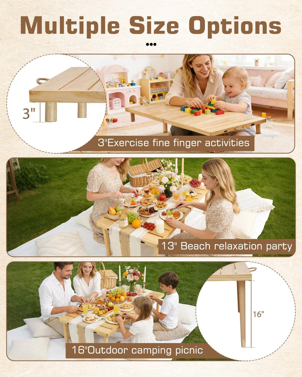 Pine Adjustable Boho Low Folding Picnic Table