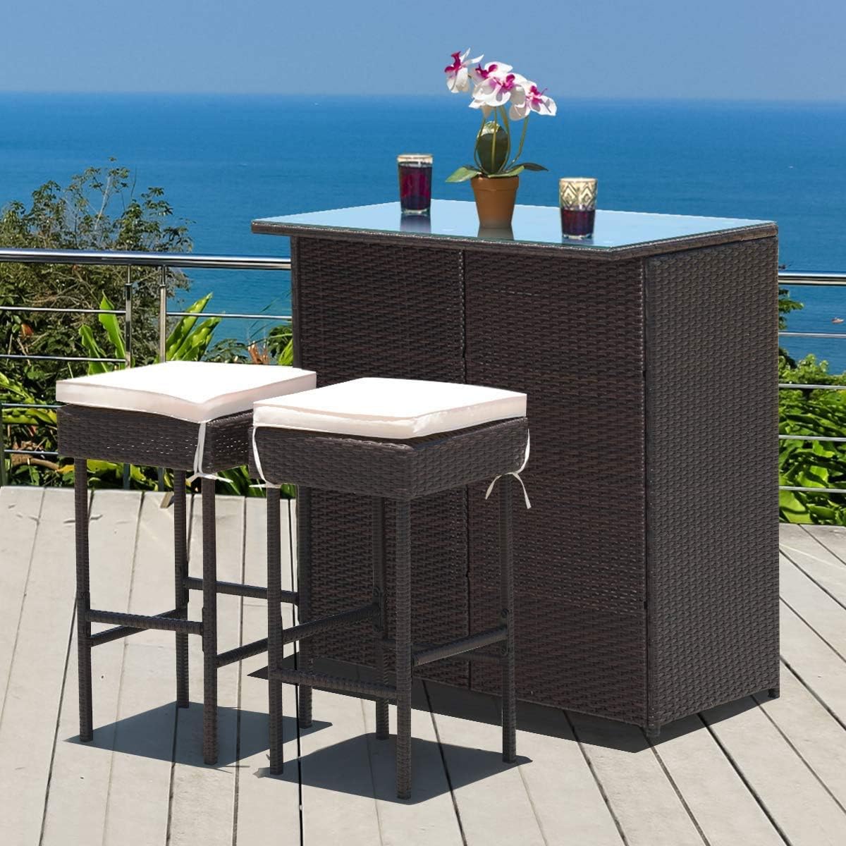 Rattan Glass Cushioned Patio Bar Set