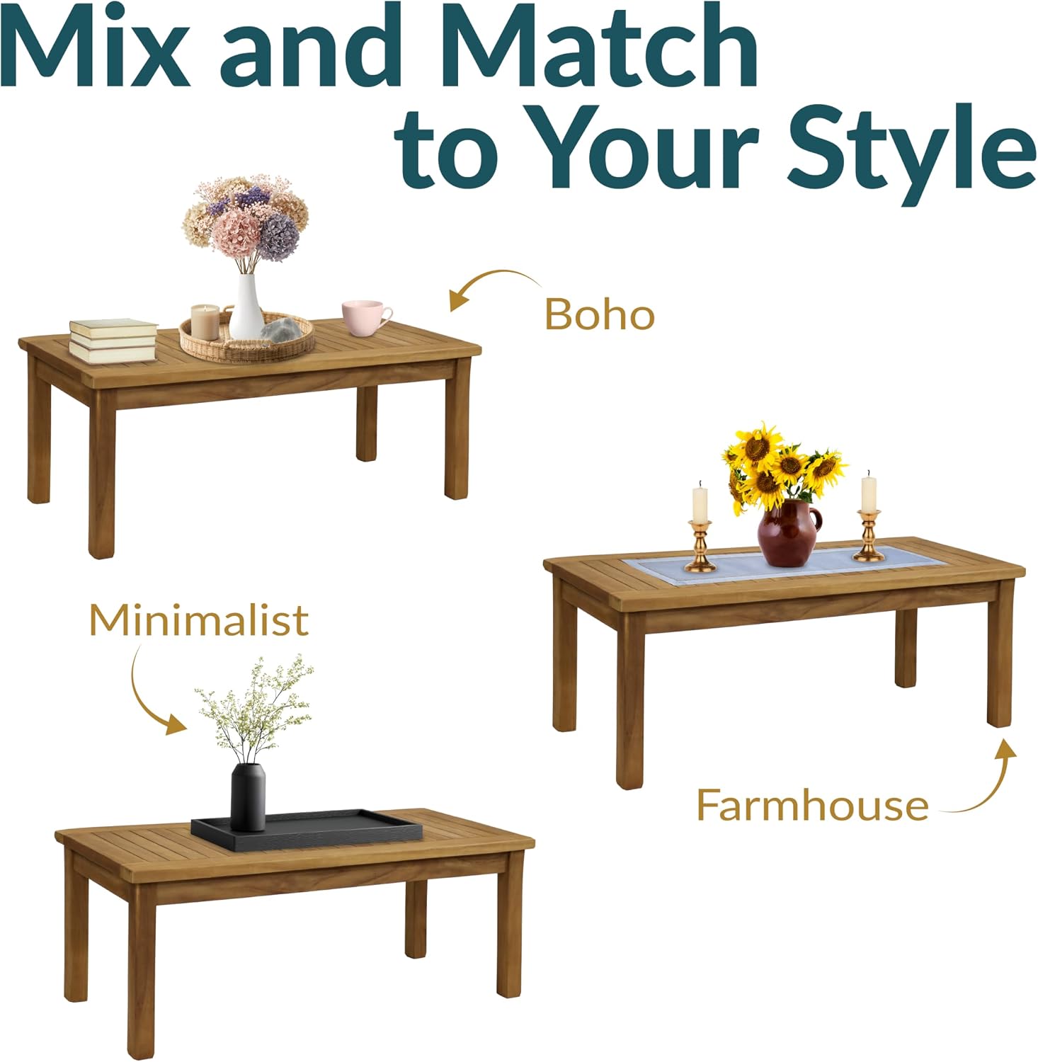 Teak Wood Slatted Rectangular Patio Coffee Table