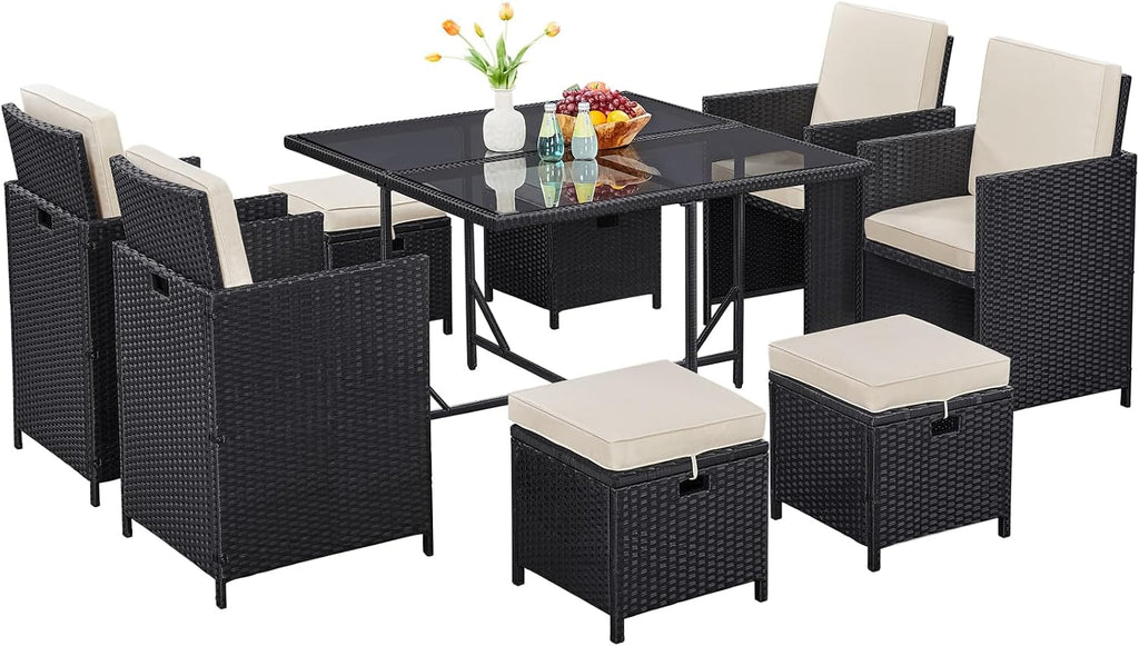 Black Beige Rattan Patio Dining Sofa Set