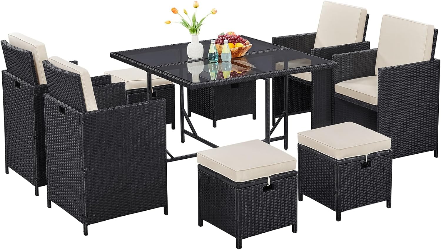 Black Beige Rattan Patio Dining Sofa Set