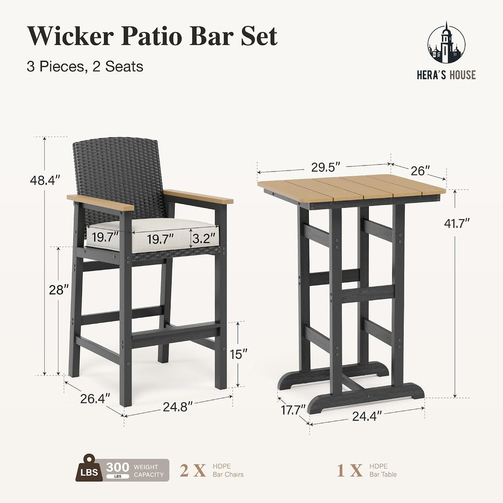 HDPE Wicker Cushioned Patio Bar Set
