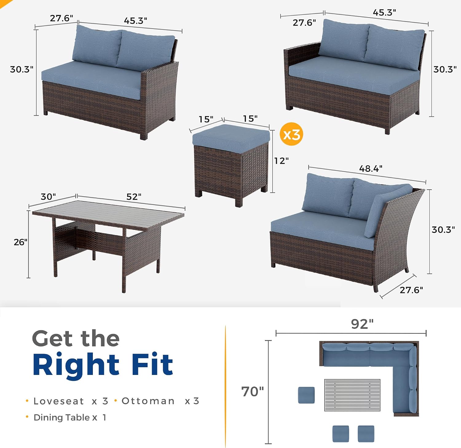 Blue Wicker Curved Back Patio Sectional Set