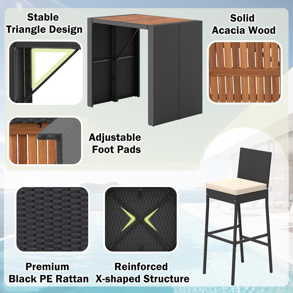 Wood Top Rattan Cushioned Patio Bar Set