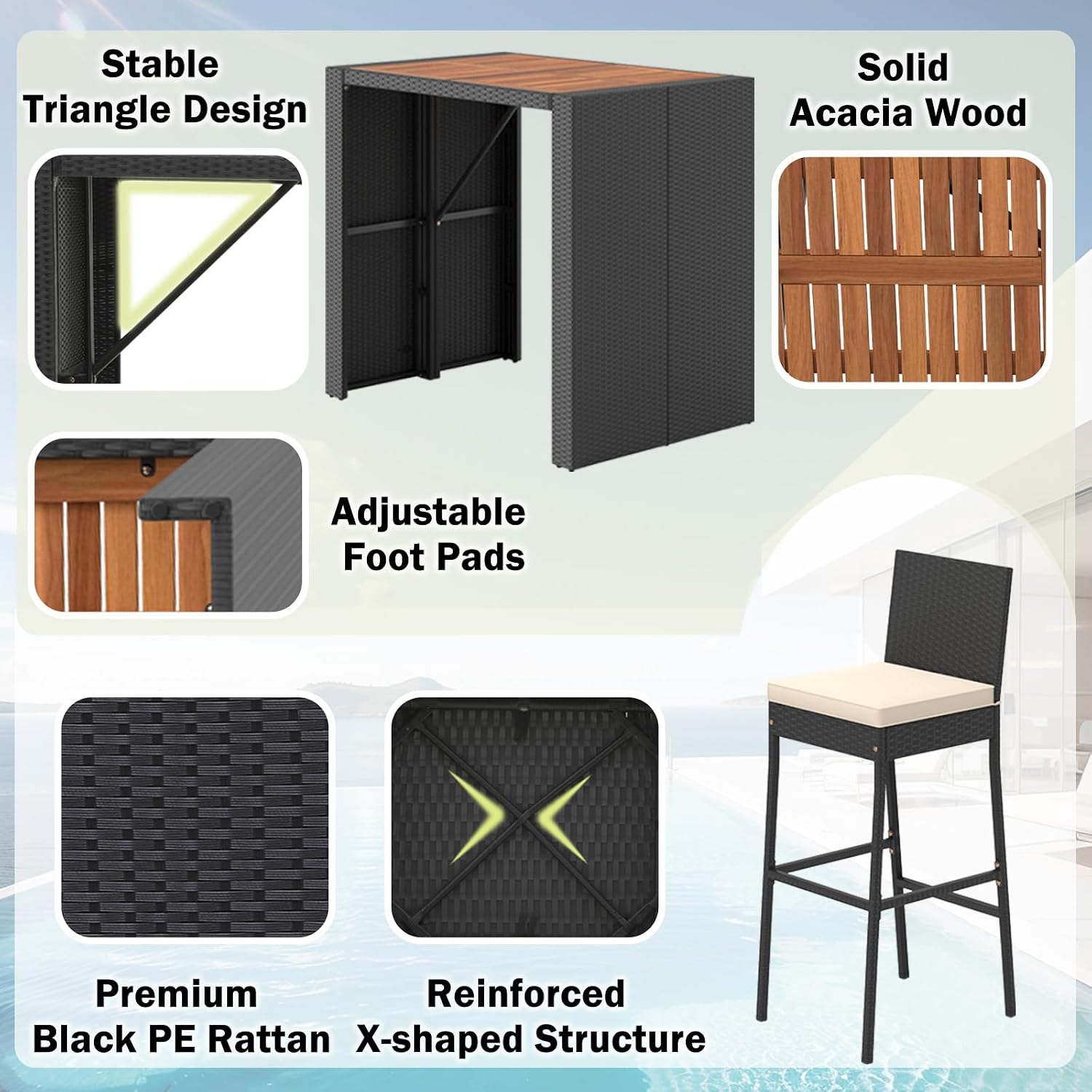 Wood Top Rattan Cushioned Patio Bar Set
