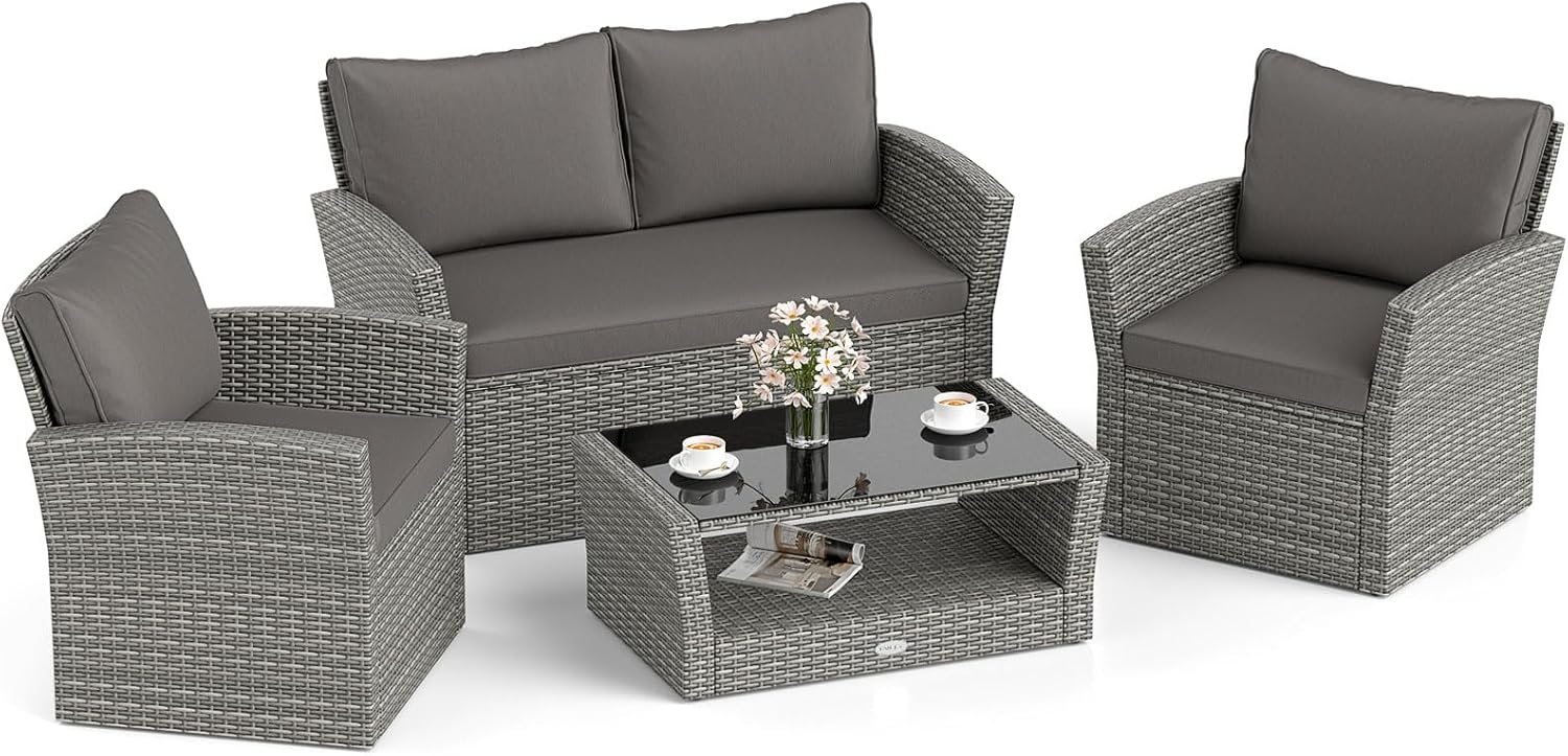 4Pc Gray Wicker Patio Furniture Set