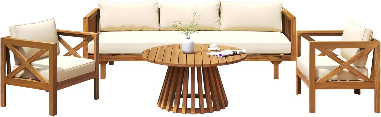 Teak Wood Cushioned Patio Sofa Set