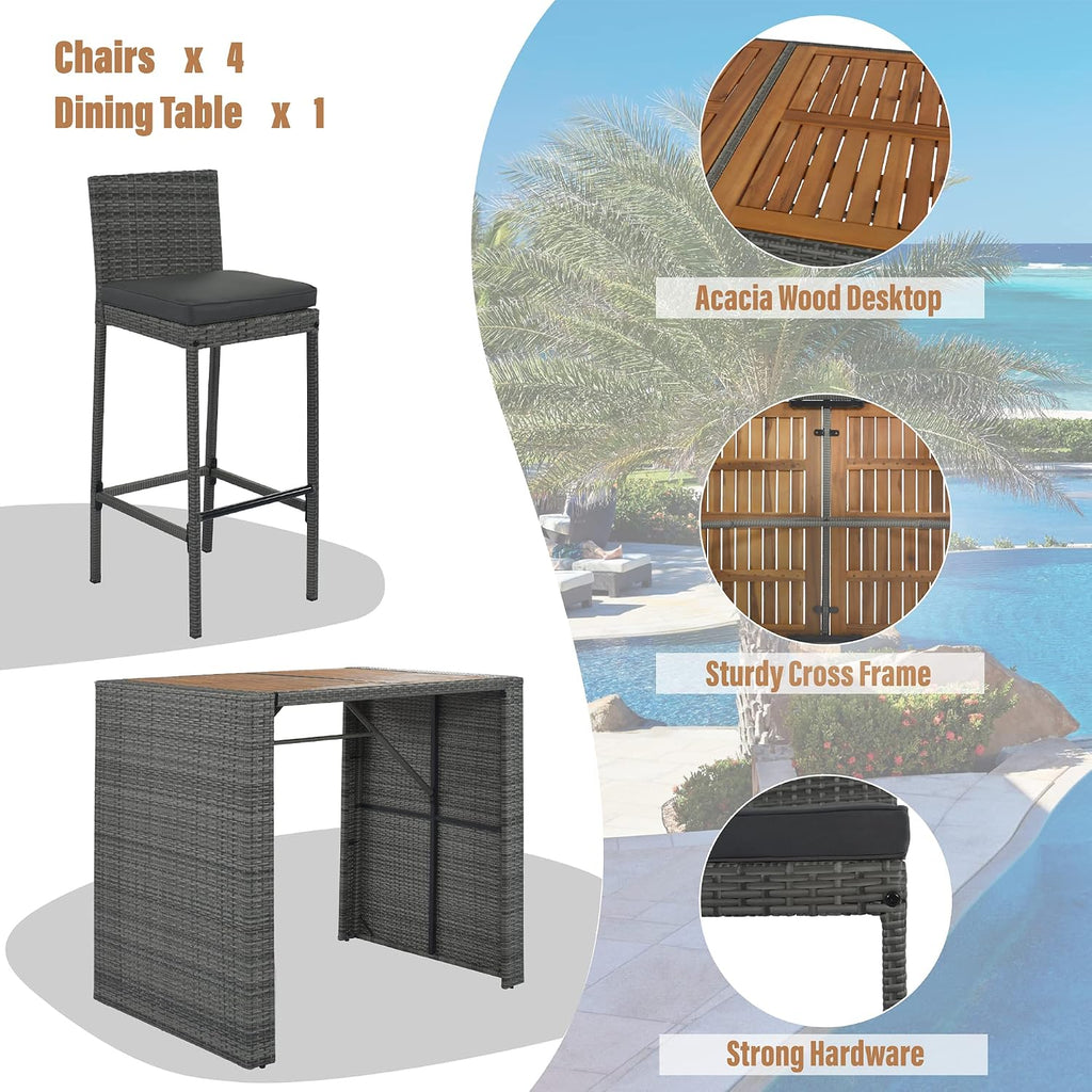 Wood Top Rattan Cushioned Bar Dining Set
