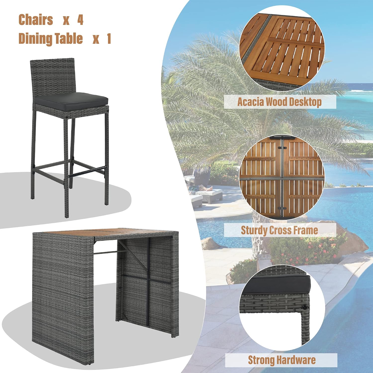 Wood Top Rattan Cushioned Bar Dining Set