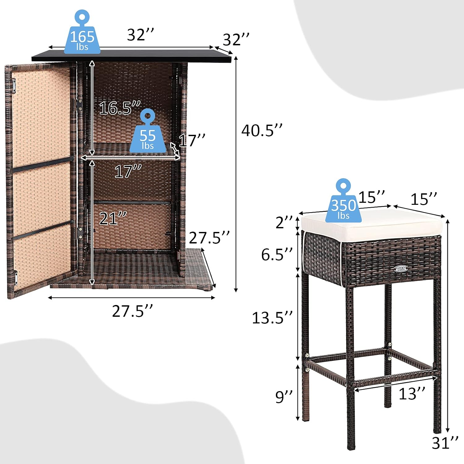 Rattan Storage Cushioned Patio Bar Set