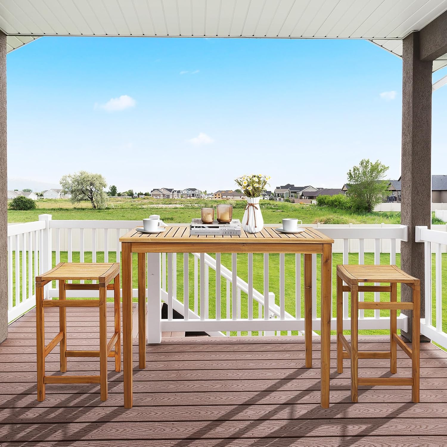 Acacia Wood Rustic Bar Height Patio Table