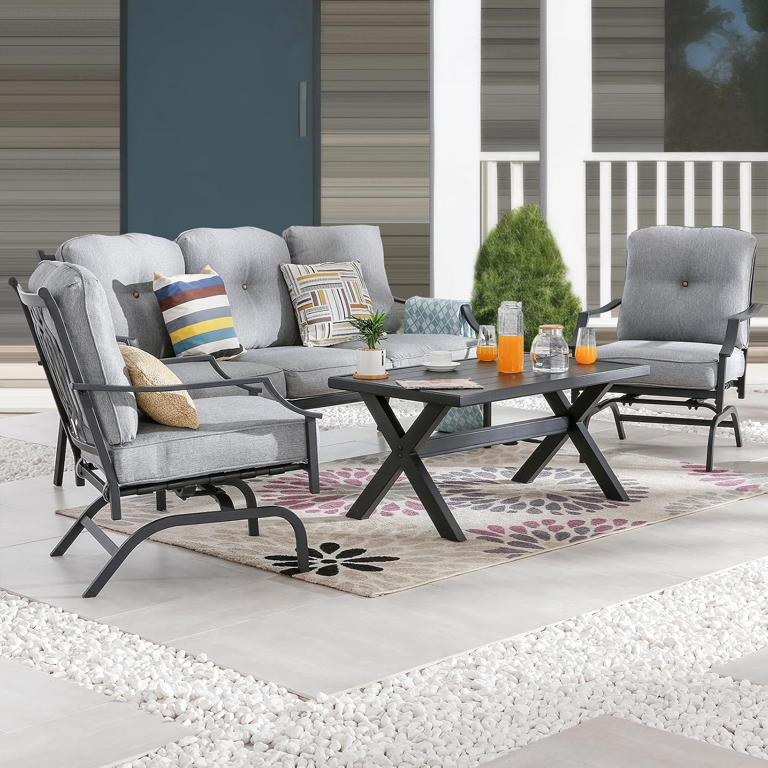 4Pc Grey Metal Patio Sofa Set
