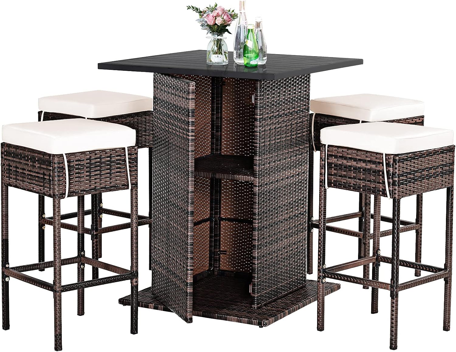 Rattan Storage Cushioned Patio Bar Set