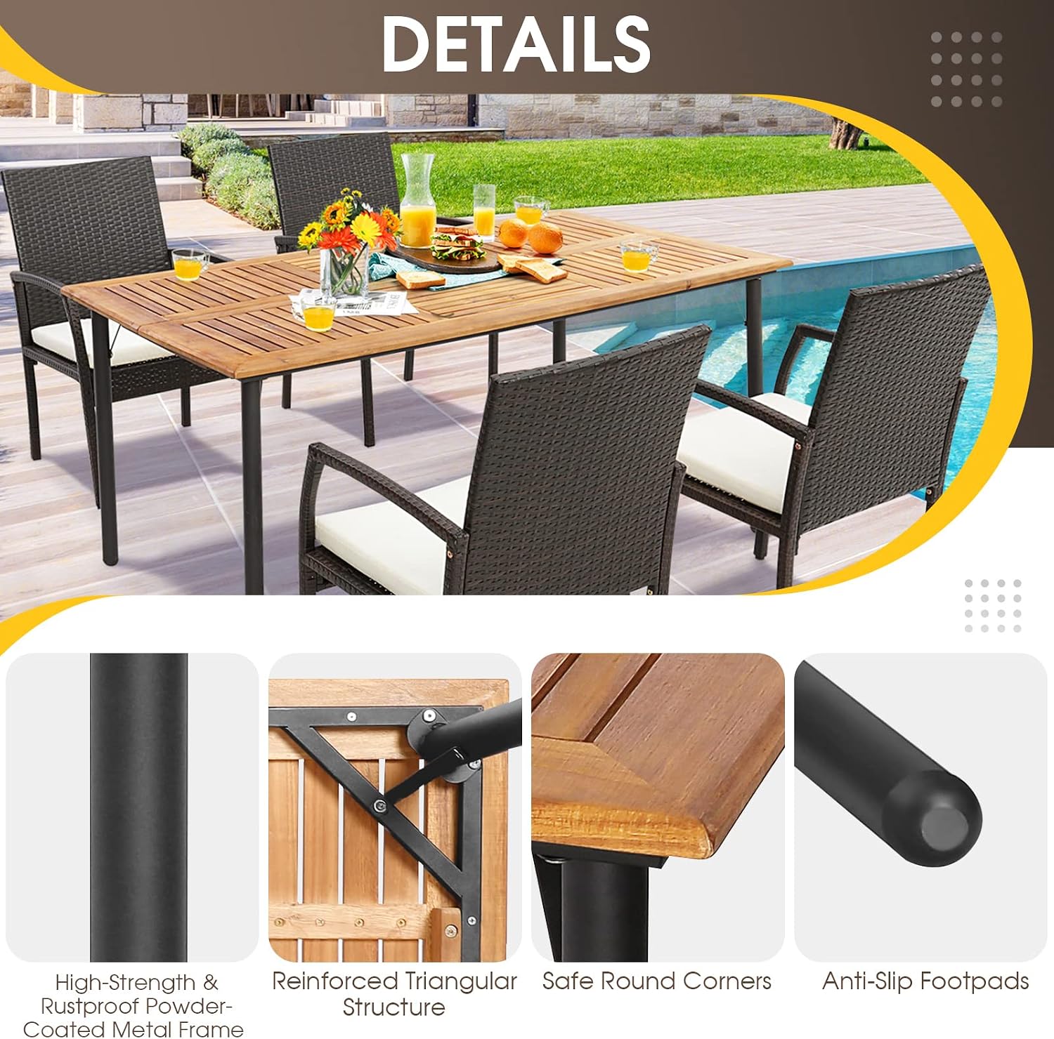 Acacia Wood Umbrella Hole Patio Dining Table