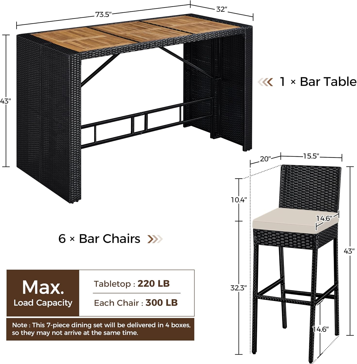 Black Beige Wood Wicker Patio Dining Set