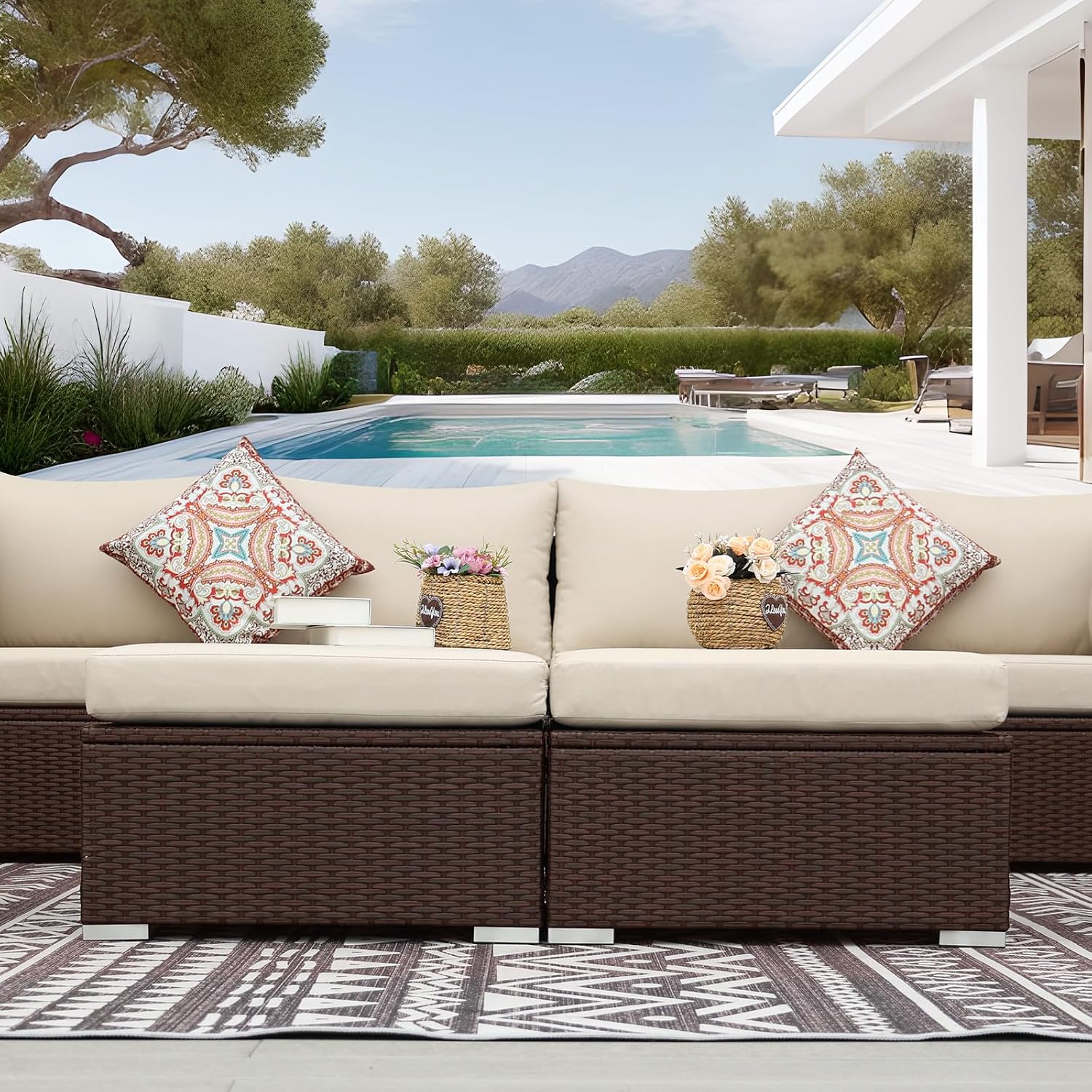 Brown Beige Rattan Deep Seating Patio Set