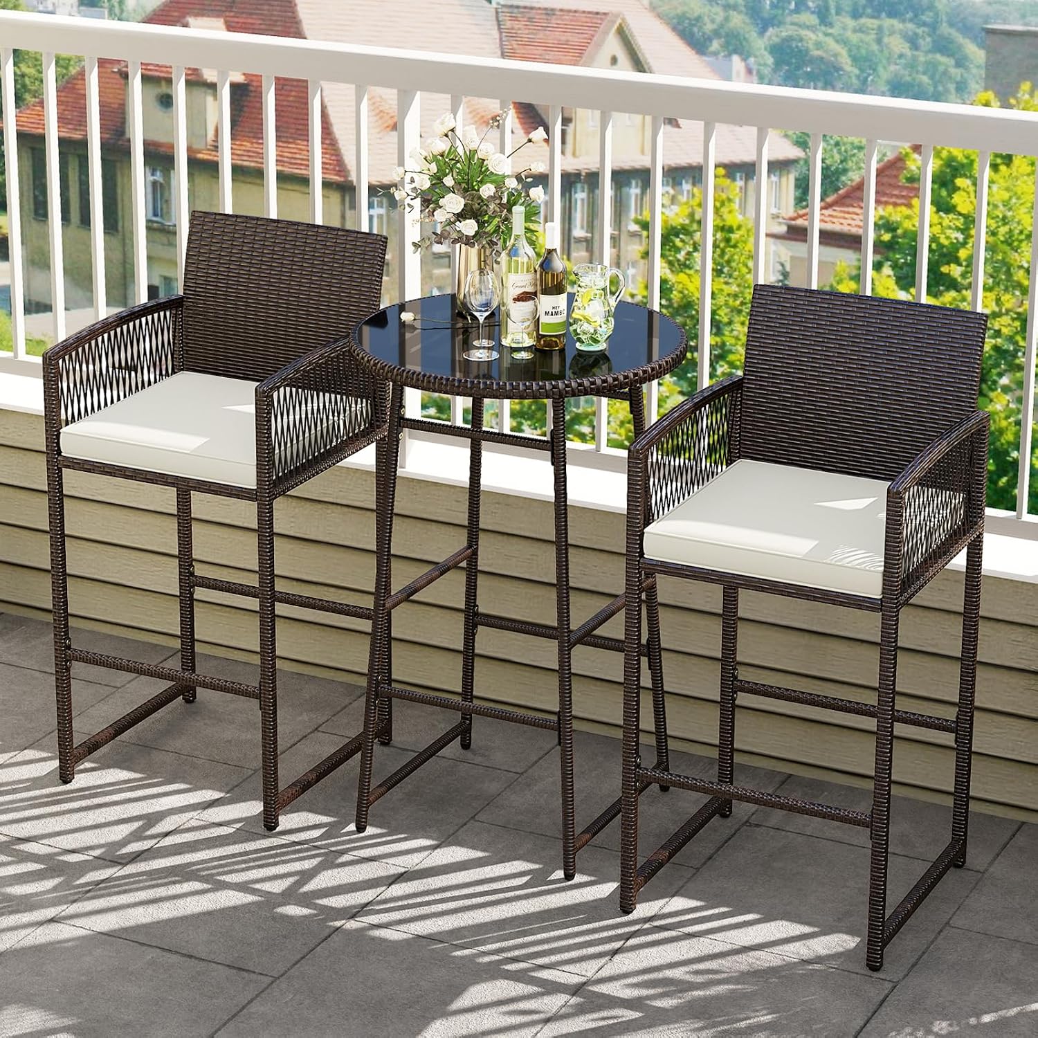 Wicker Glass Cushioned Patio Bar Set