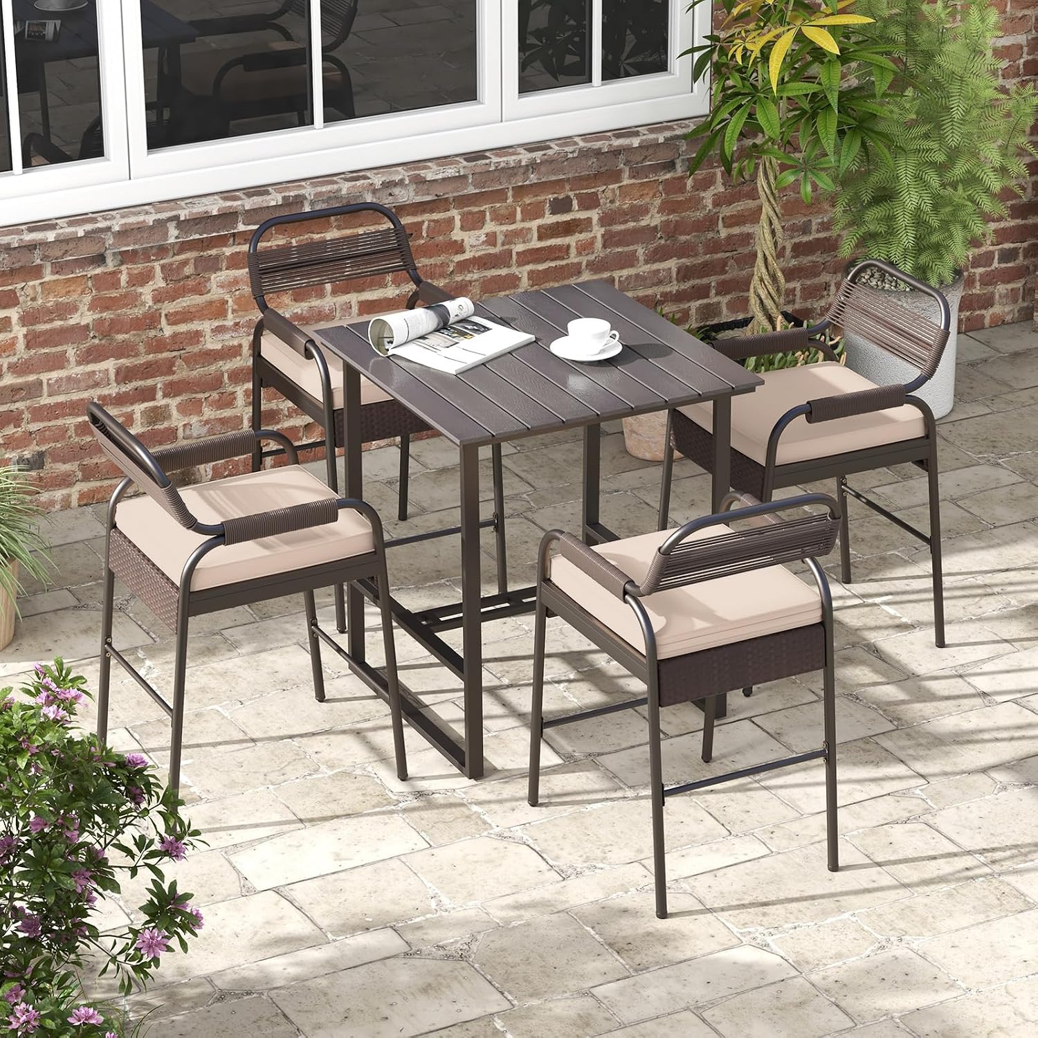 Brown Rattan Counter Height Patio Bar Set