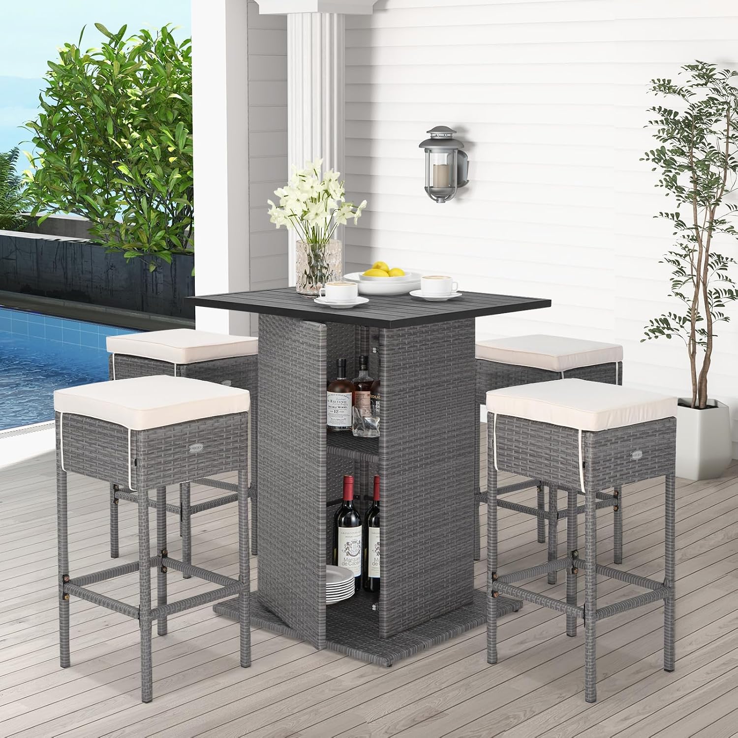 White Grey Wicker Bar Patio Storage Set
