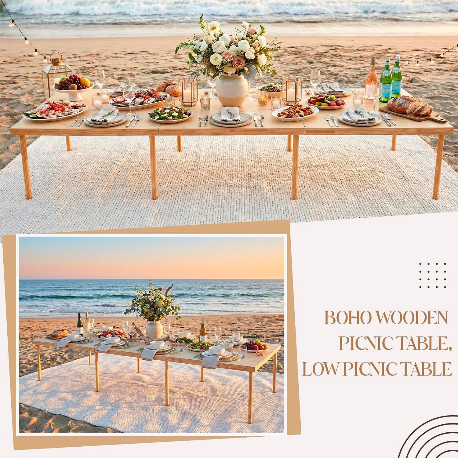 Boho Wooden Adjustable Folding Low Picnic Table