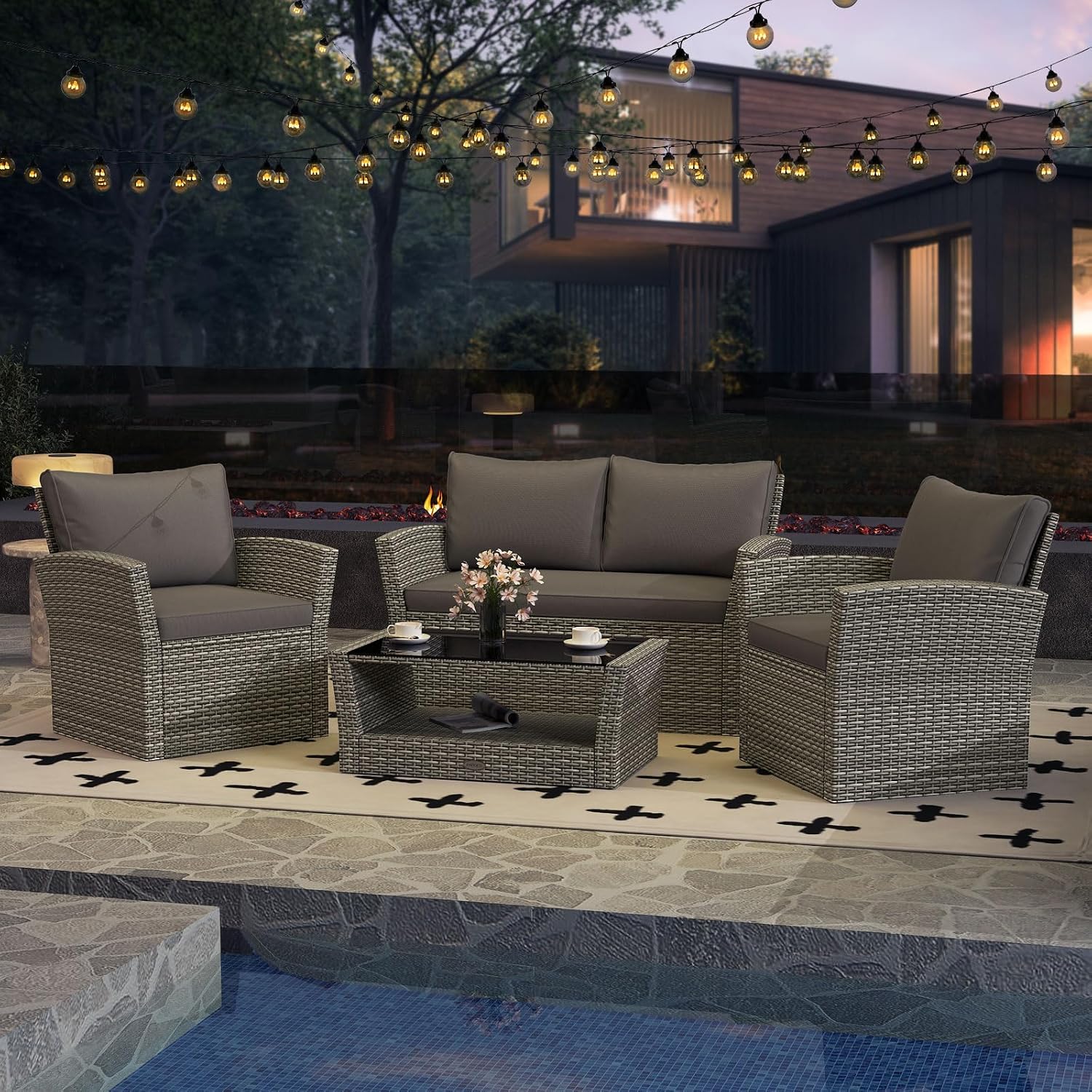 4Pc Gray Wicker Patio Furniture Set