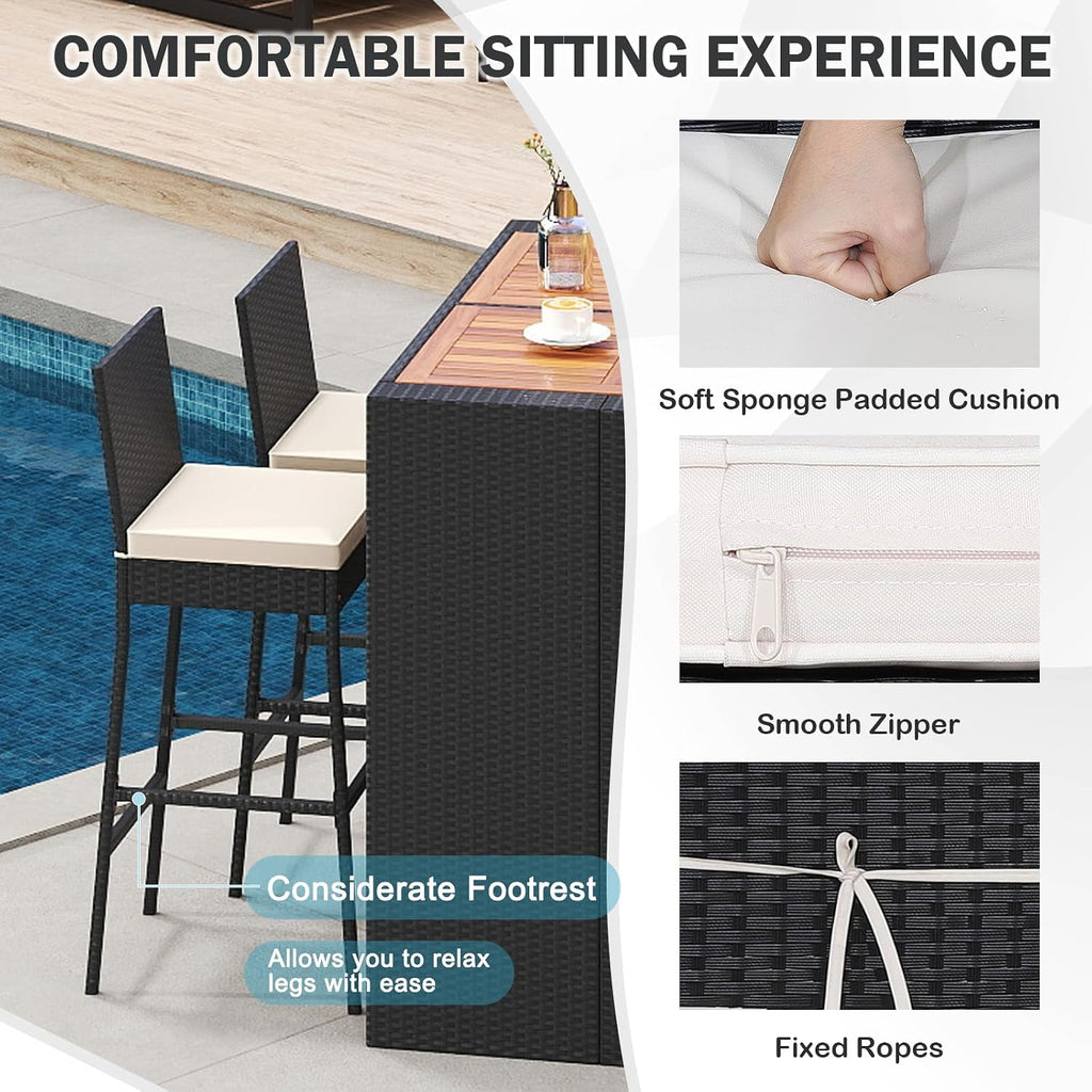 Wood Top Rattan Cushioned Patio Bar Set