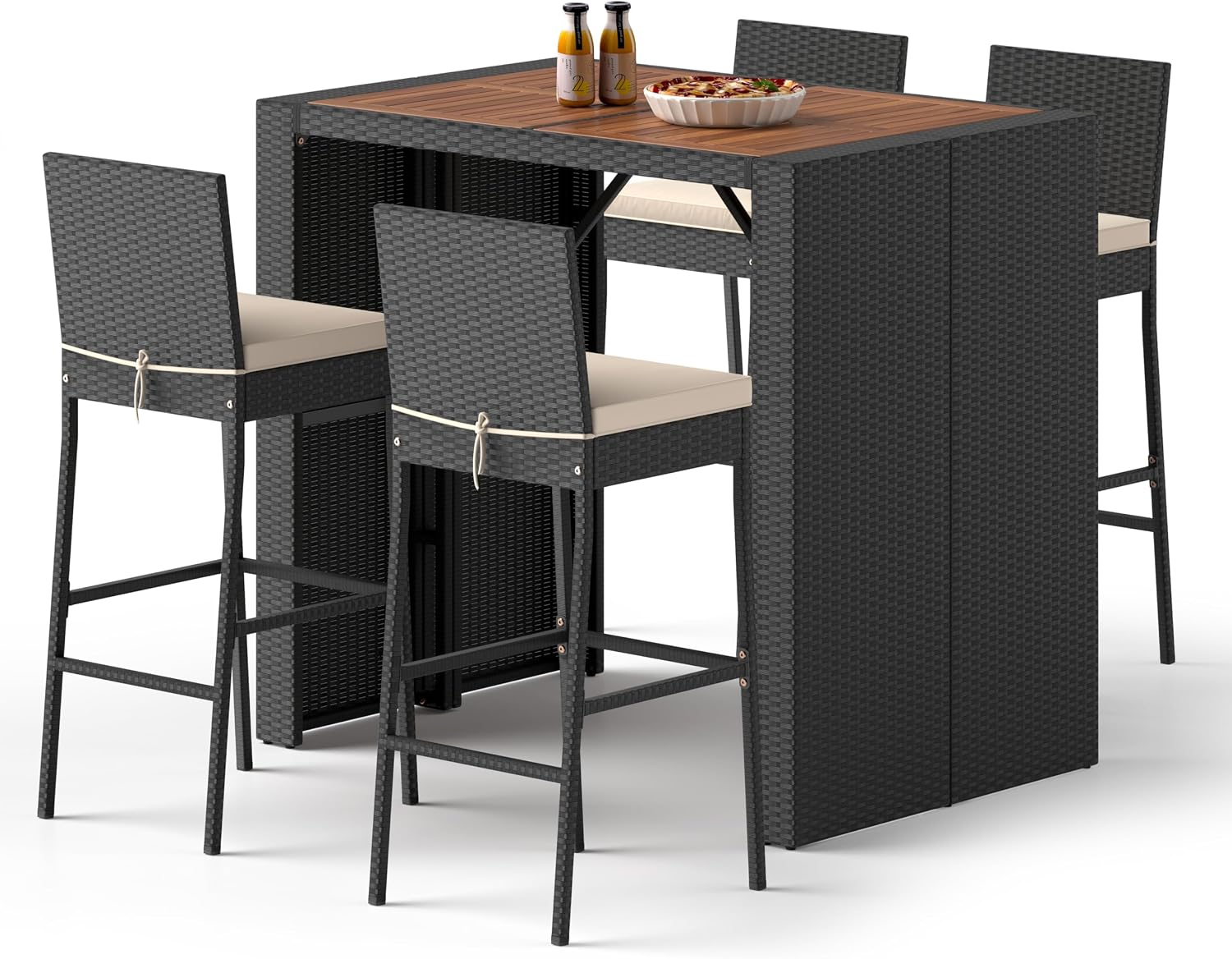 Wood Top Rattan Cushioned Patio Bar Set