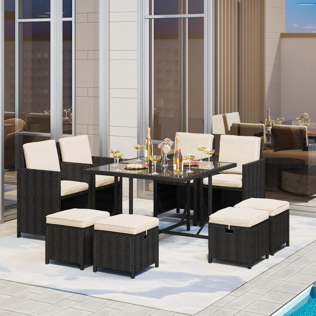 Black Beige Rattan Patio Dining Sofa Set