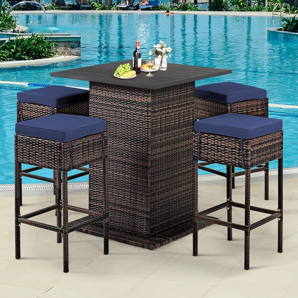 Brown Navy Rattan Storage Patio Bar Set