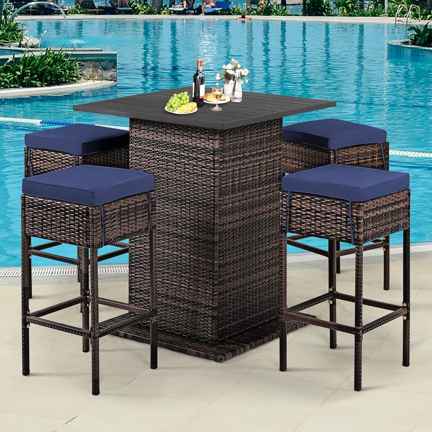 Brown Navy Rattan Storage Patio Bar Set