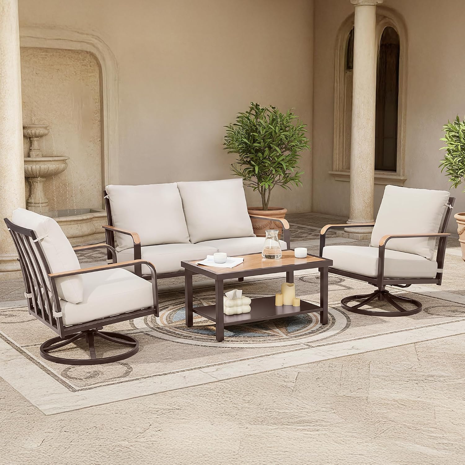 Beige Cushion Swivel Metal Patio Sofa Set
