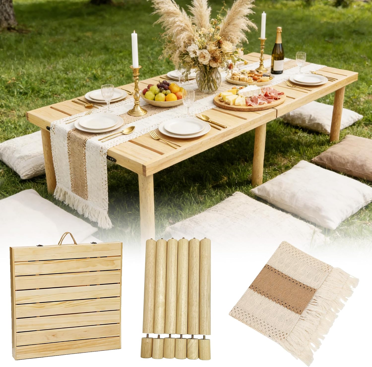 Pine Adjustable Boho Low Folding Picnic Table