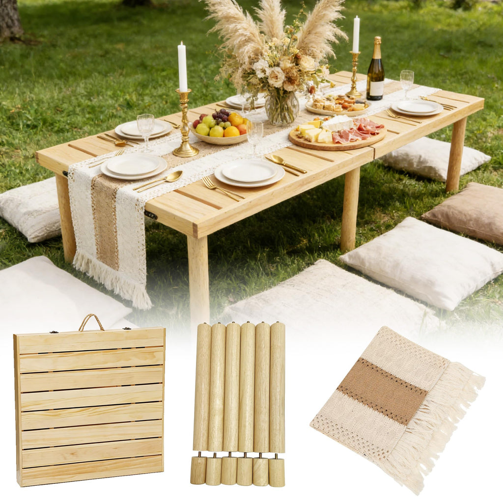 Pine Adjustable Boho Low Folding Picnic Table